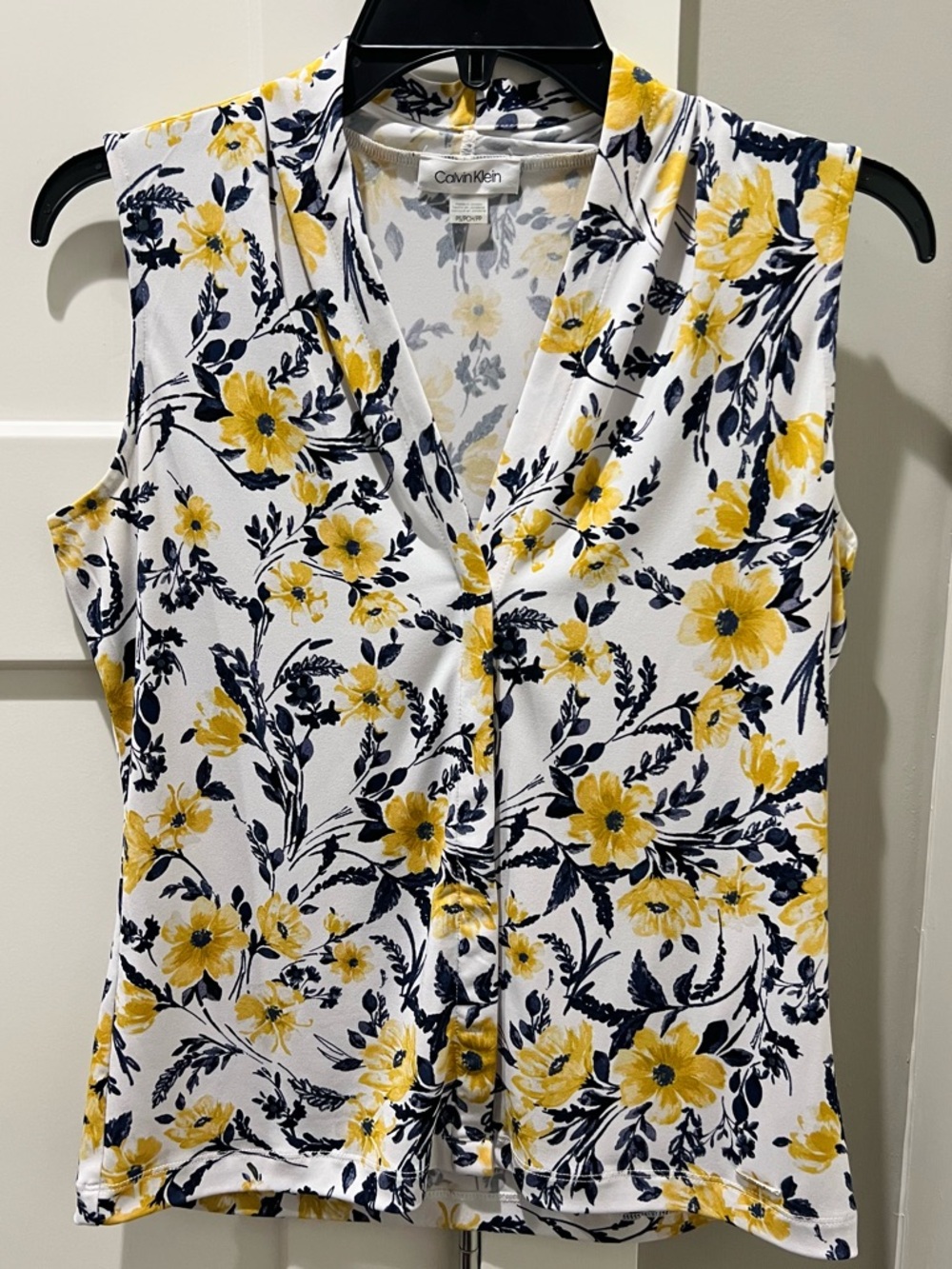 Calvin Klein White Sleeveless V-Neck Top with Yellow & Navy Floral Print